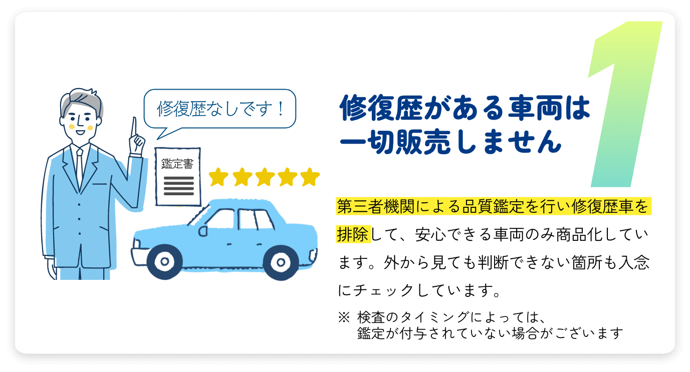 修復歴がある車両は一切販売しません